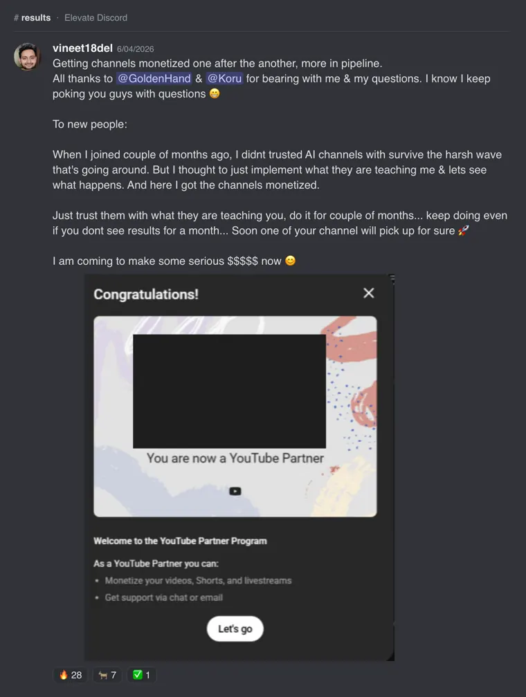 Channels monetized one after another; advice to new members.